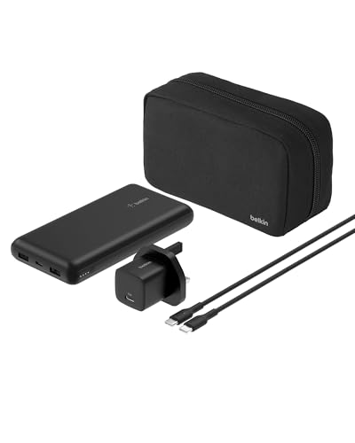 Belkin Portable Charger, 4-in-1 Power Bundle with 20000 mAh Power Bank, 25W USB-C Charging Block, 60W USB-C Cable, and Travel Pouch – Fast Charging for Multiple Devices, Compact Design for Travel