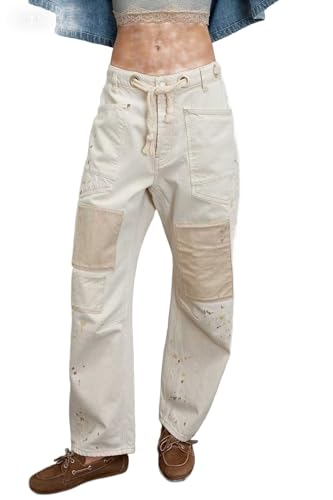 Mujeres Baggy Barrel Jeans – Cordón Medio Subir Pantalones de Denim de Pierna Ancha Vintage Patchwork Jeans
