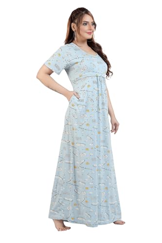 Image of Fabme Women's Full Length Printed Pre and Post Pregnancy Pure Cotton Nursing Nightdress Nighty
