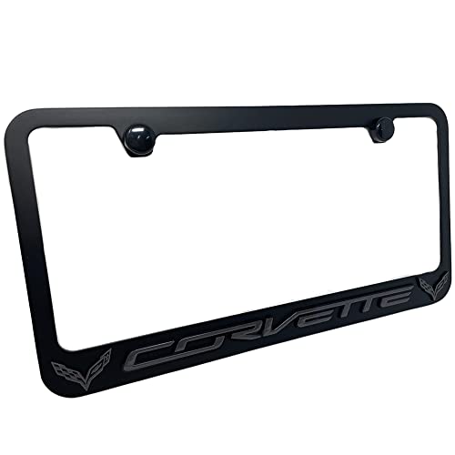 C7 Corvette License Plate Frame - Rust Proof Black with Dark Gray C7 Crossed Flags Logo - Made in USA