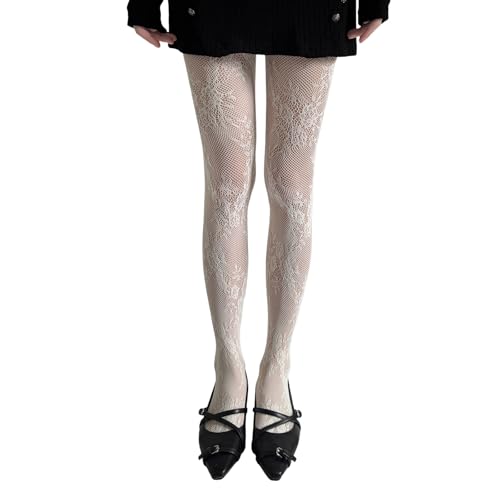 Women Vintage Hollowed Out Lace Tights Stockings Aesthetic Elegant Flower Patterned See Through Mesh Pantyhose