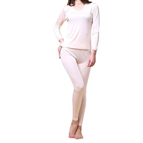 Paradise Silk Pure Silk Knit Women Double Jersey Lace V Neckline Long Johns Set[US6,Flesh]