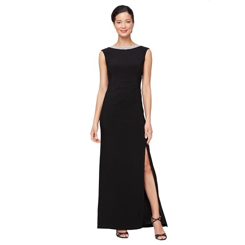 Image of Alex Evenings Women's Long Jersey Dress with Ruched Front and Embellished Neckline (Petite and Regular Sizes)
