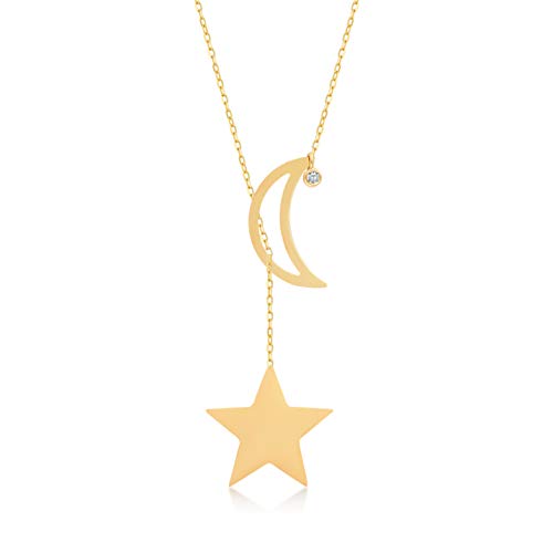 GELIN 14k Solid Gold Diamond Moon Star Pendant Y Necklace for Women