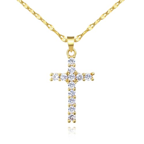 Weviway 14K Gold Plated Cross Necklaces for Women - Dainty Cubic Zirconia Cross Pendants, Christian Faith Jewellery, Religious Crucifix Purity Necklace