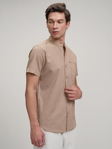 Image of Highlander Men's Casual Shirt | Solid | Slim Fit | Short Sleeves | Versatile Beige Hue a Sleek Look