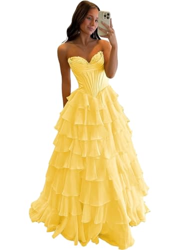 Qbnme Yellow Prom Dress Strapless Long A Line Satin Corset Ball Gown Tiered Chiffon with Slit for...