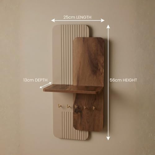 Image of Home Sparkle Wall Mounted Key Holder for Home Entrance with Shelf | Premium MDF Wood Organizer with Paint Finish | Modern Key Hanger Rack with 5 Hooks for Keys & Daily Essentials |Walnut & Ivory White
