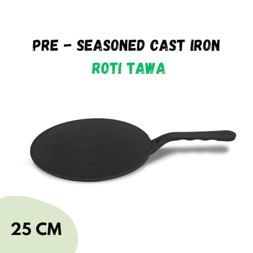 Image of Pencil Pre-Seasoned Cast Iron Roti /Chapati Tawa 25 cm | Compatible with Gas Stoves & Induction | Naturally Nonstick | 100% Pure & Toxin-Free | No Chemical Coating | Dishwasher Safe | Durable | Black
