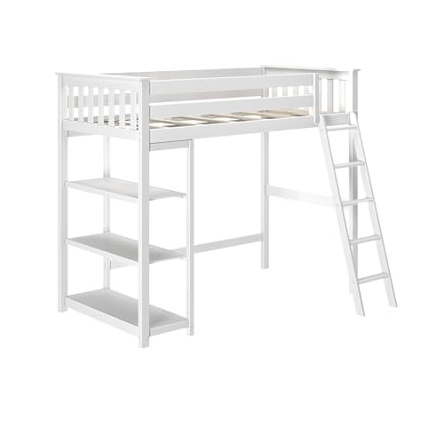 Image of Max & Lily High Loft Bed, Twin Bed Frame For Kids With Bookcase, White