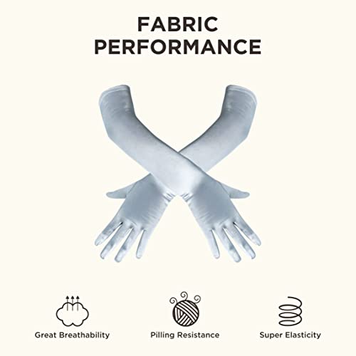 BABEYOND Long Opera Party 1920s Satin Tea Party Gloves Costume Stretchy Adult Size Elbow Length Bridal Gloves, Silver, One Size