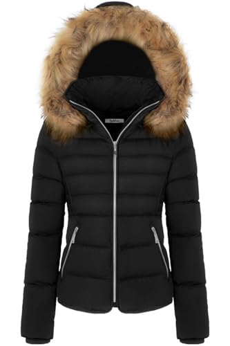 BodiLove Damen Utility-Jacke mit Fellkapuze und Reißverschluss und Fleecefutter, Schwarz, Größe XL