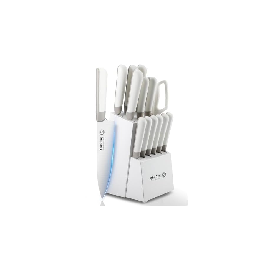 15-Pieces-Knife-Set-with-Block-High-Carbon-Stainless-Steel-Sharp-Blade-Kitchen-Block-Knife-Set-Forged-Cutlery-White 15 Pieces Knife Set with Block: High Carbon Stainless Steel Sharp Blade Kitchen Block Knife Set, Forged, Cutlery, White