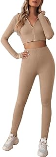 Fleece Lined Yoga Pants with Pockets Set Women 2Piece Activewear Workout Yoga Set Long Sleeve Crop Top and High Waist Leggings Bra Pant Set