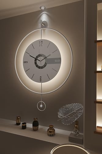 FUNTLY Large Luxury LED Backlit Wall Clock – Pendulum Roman Numeral Metal Ring, Silent Non-Ticking Decorative Clock for Living Room Bedroom Entryway, Modern Halo Glow (Elit Silver)