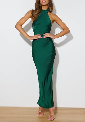 Image of Women Summer Satin Halter Neck Backless Formal Wedding Guest Maxi Dress