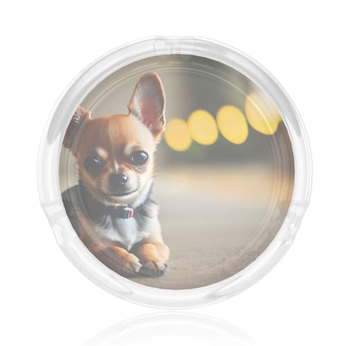 Cendrier rond en verre imprimé Chihuahua pour bords bruts pour la maison, le bureau, la terrasse, la voiture, l'intérieur et l'extérieur