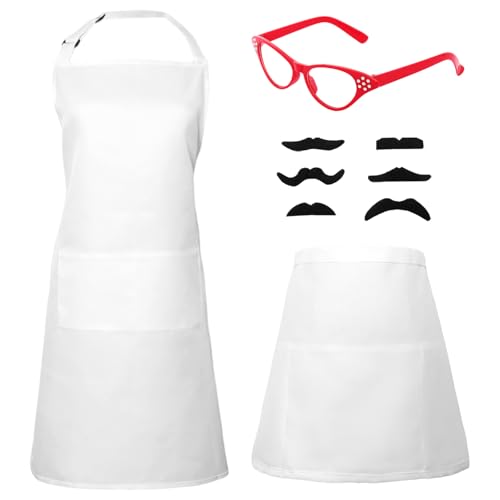 Sdfvsdg 9 Pcs Halloween Burger Costume Set White Apron White Half Apron Red Eyeglasses 6 Pcs Black Fake Mustache for Cosplay