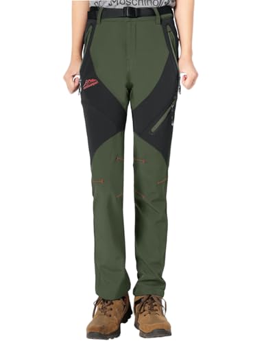 donhobo Damen Gefüttert Winterhose Wasserdicht Winddicht Atmungsaktiv Warm Verdickte Softshellhose Frühling Herbst Wanderhose Outdoorhose (Grün, XL)