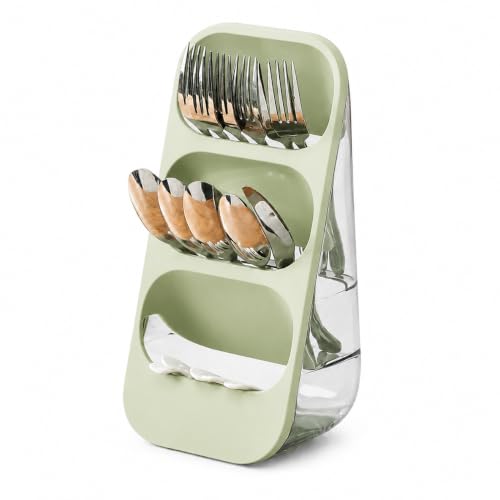 Image of KitchAntique Kitchen Utensil Holder with Drain Tray & Dustproof Cover | 3 Compartment Cutlery Organizer | Self Draining Countertop Storage Rack for Spoons Forks Chopsticks Kitchen Accessories (Green)