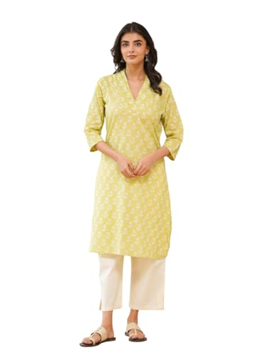 Image of GOODHAND Women Cotton Block Printed Kurta, Straight Fit Ethnic Kurti for Daily,Office & Casual Use