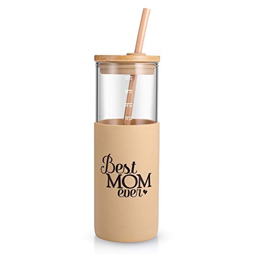 Tronco Best Mom Ever  24 OZ Glass Tumbler For Her Birthday  Glass Tumbler With Silicone SleeveStraw BPA free