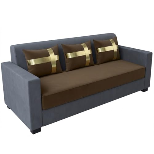 Image of FURNY Leximus 3 Seater Fabric Sofa Set (Brown-Light Grey) Premium Velvet Finish | Durable & Comfortable | Ideal for Living Rooms