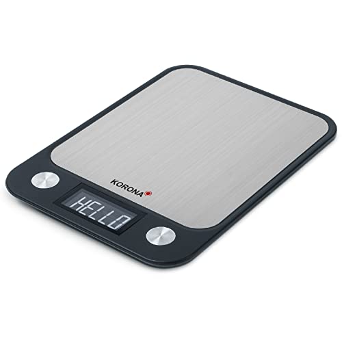 Korona 70250 LEA - Báscula de cocina (acero inoxidable, superficie de pesaje, capacidad de carga de 5 kg, división de 1 g, función de tara, pilas incluidas