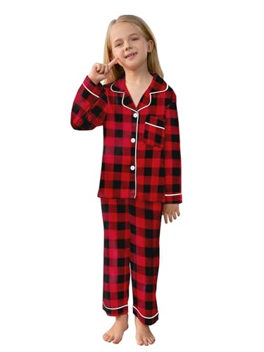 Schbbbta Christmas Family Pajamas Matching Sets Silk Satin Long Sleeve Pj Set Sleepwear Nightwear, Red Black, 7-8 Years2