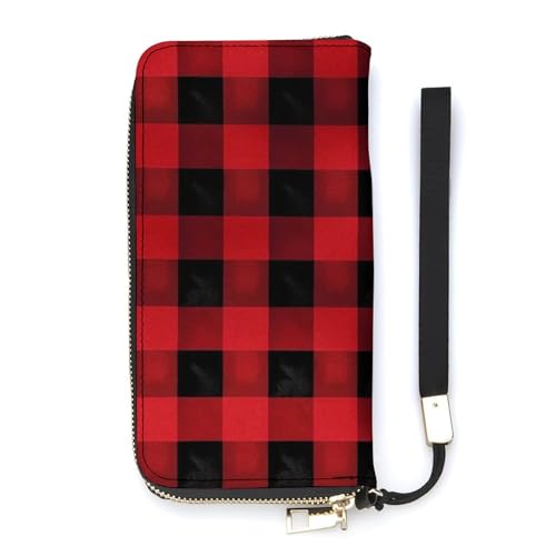 Red Black Buffalo Check Plaid Ladies' Leather Wallet With Hand Strap Slim Vertical Purse Wallets Card Case Long Zip Around Long Wallet Credit Cards Holder Phone Clutch