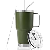 DYNAMIC SE 30 oz Tumbler With Handle, Double Wall Stainless Steel Vacuum Insulated Travel Mug with Splash-Proof Lid Metal Straw and Brush (Olive)