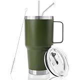 DYNAMIC SE 30 oz Olive Tumbler With Handle, Double Wall Stainless Steel Vacuum Insulated Travel Mug with Splash-Proof Lid Metal Straw and Brush