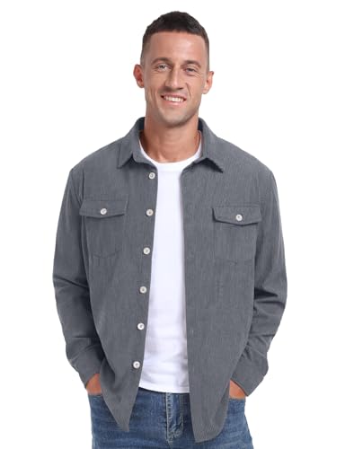 Image of Askdeer Men's Corduroy Button Down Shirts Long Sleeve Casual Shacket Jacket Western Corduroy Shirt Jacket with Flap Pockets