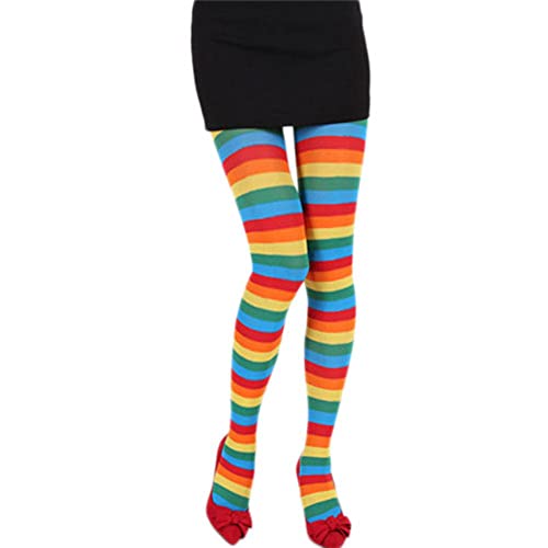 BULINGNA Women Girl Christmas PantyhoseHigh Waist Colorful Striped Tights Xmas Cosplay Party Stockings (Rainbow One Size)