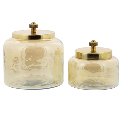CosmoLiving by Cosmopolitan Glass Decorative Jars with Metal Lids, Set of 2 4", 5"H, Gold