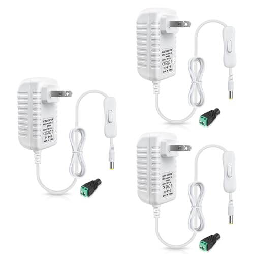 Image of 12V Power Supply, 12 Volt 1A 12W DC Power Supply with On Off Switch, White Switching LED Power Adapter, AC 110V to 12V Transformer Plug for LED Strip Lights with 5.5 /2.1 DC Female Connector, 3 Pack
