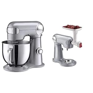 Cuisinart Stand Mixer, 12 Speeds, 5.5-Quart Mixing Bowl, Chef’s Whisk, Flat Mixing Paddle, Dough Hook, and Splash Guard with Pour Spout, Silver Lining, SM-50BC & MG-50 Meat Grinder Attachment