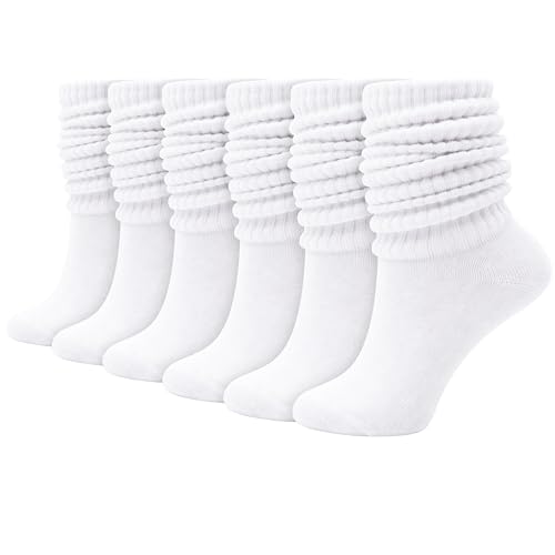 Winterlace 6 Pairs Slouch Socks for Women, Heavy Extra Long Cotton Scrunch Crew Sock, Bulk pack (White)