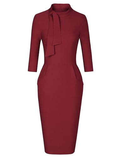 Image of MUXXN Women's Midi Pencil 1950s Vintage Cocktail 3 /4 Sleeve Tie Neck Bodycon Mid-Calf Dress with Pockets