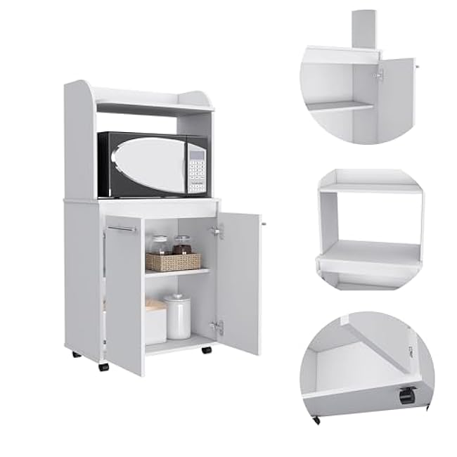 Versatile Kitchen Cart with Open Shelf and Double Door Cabinet, for Compact Spaces, White-qI8dKure