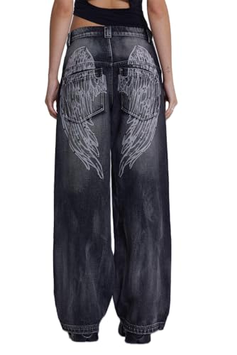 Mxiqqpltky Cute Jeans for Women Fairy Bow Print Wide Leg Denim Pants Y2k Baggy Straight Leg Jeans Casual Mom Jeans Streetwear