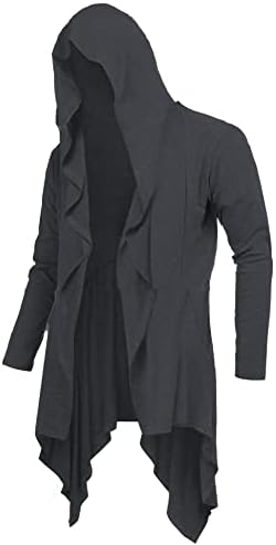 Mens Ruffle Shawl Collar Cardigans Long Hooded Cardigan Open Front Lightweight Drape Cape Overcoat Sweater with Pockets Charcoal XL