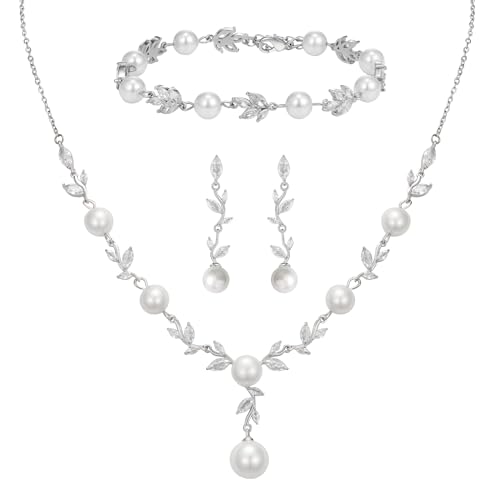 SWEETV Jewelry Set for Bride Women, Cubic Zirconia Pearl Bridal Earrings Necklace Bracelet Set, Bridal Jewelry Set for Wedding Prom