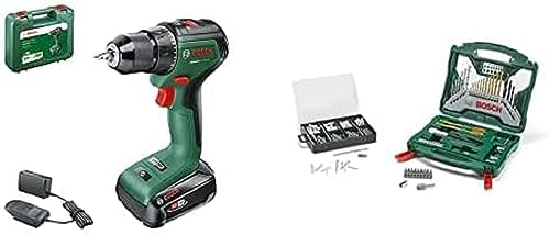 Bosch Home and Garden Akkuschrauber UniversalDrill 18V-60 (1 Akku, 18 Volt System, im Koffer) + Zubehörset X-Line 50Ti plus 173-teiliges Fixier-Set (für Metall, Stein, Holz, Zubehör Bohrmaschine)