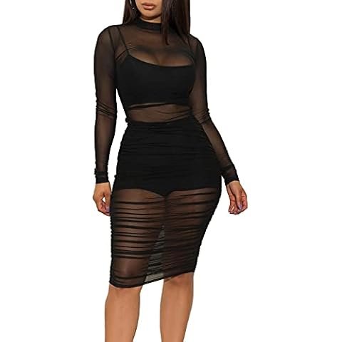 Womens See Through Mesh Dress Jumpsuit Night Out Dress +Crop top and Shorts 3 Piece Outfit Set (Black, X-Large) Cover