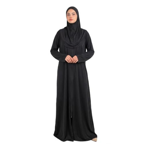 FIRASET Womens Prayer Dress Abaya Zip Front Long Sleeve Islamic Dress Modest Floor Length Kaftan for Ramadan Muslim Clothing for Women Black Size S-M
