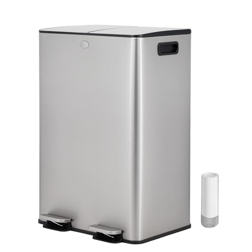 Vidacharmy -Recycling Bin, Double Bin, Anti-Fingerprint Stainless Steel, with Soft-Close Lid and Pedal, Includes 20 Bin Bags, Separate Compartments for Recycling and Trash (2x20L)
