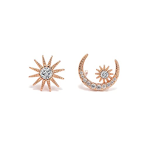 Boucles d'oreilles asymétriques lune or rose et grenat, le cadeau idéal