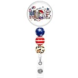 4th of July Badge Reel Retractable with Beads American Flag Nurse Patriotic Badge Holder Alligator C