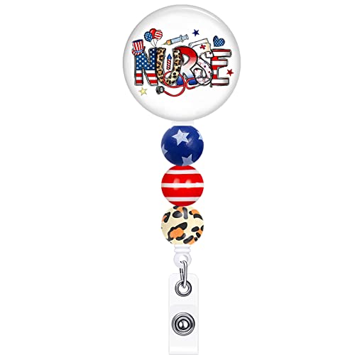4Th Of July Badge Reel Retractable With Beads American Flag Nurse Patriotic Badge Holder Alligator Clip For Independence Day Rn Cna Nursing Medical Office Worker Teacher Student Name Id Decor #TOP17